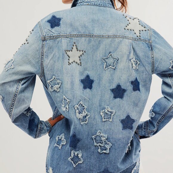 One Teaspoon x Free People Everyday Blue Classic Star Shirt NWT Size XS - Picture 3 of 10